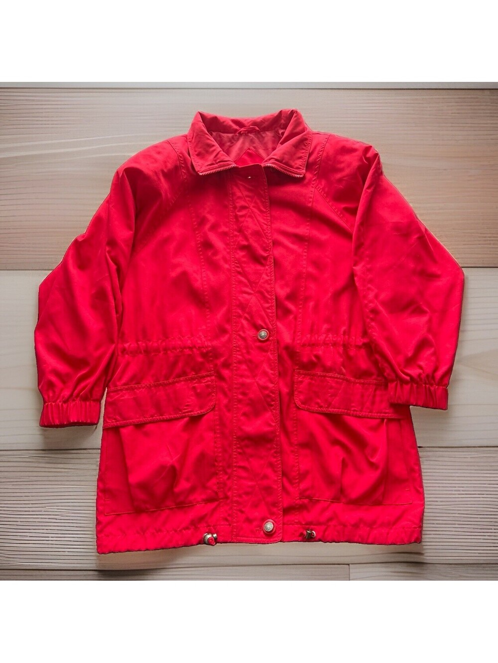 Vintage London Fog Red Rain Jacket Coat XS Drawstring Utility Padded Shoulders